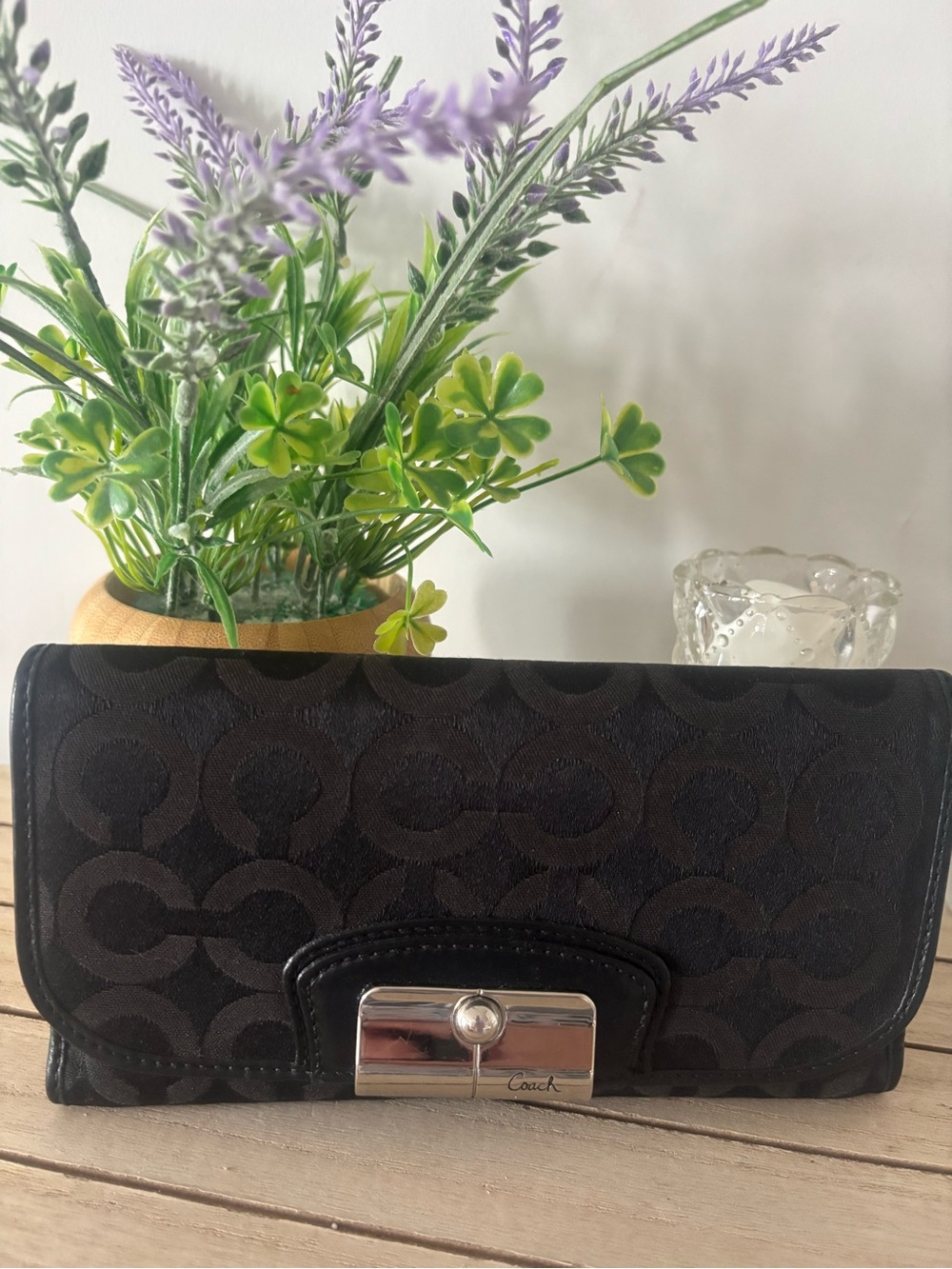 Coach Kristin Black Signature envelope  Jacquard Wallet with Silver-Tone Clasp